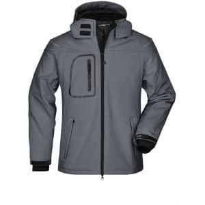 A grey men's winter softshell jacket featuring a hood, zippered pockets, and elastic cuffs.