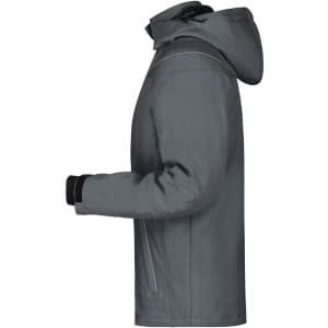 A grey men's winter softshell jacket with a hood, featuring a sleek design and a logo.