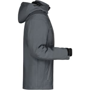 A grey men's winter softshell jacket featuring a hood and side pockets, with a logo on the sleeve.