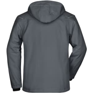 A men's winter softshell jacket in grey, featuring a hood and a back view showing the design and stitching.