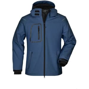 A men's winter softshell jacket in blue, featuring a hood and zippered pockets, with black detailing and a logo.