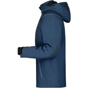 A men's winter softshell jacket in navy blue with a hood and zippered pockets. Features a logo on the arm.