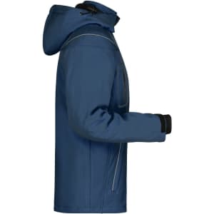A blue men's winter softshell jacket featuring a hood and zippered pockets, with a black elastic cuff detail.