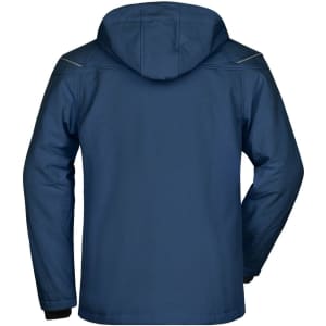 A navy men's winter softshell jacket featuring a hood and a smooth back design. It has a logo on the back.