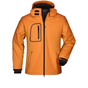 An orange men's winter softshell jacket featuring a hood, zippered front, and one zippered chest pocket.