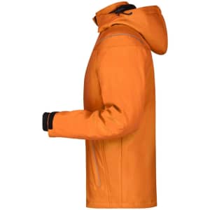 An orange men's winter softshell jacket with a hood, featuring a side view and black cuffs.