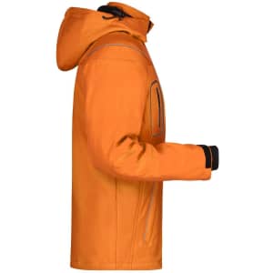An orange men's winter softshell jacket with a hood, featuring a zippered pocket and black cuffs.