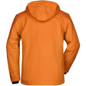 A men's winter softshell jacket in orange with a hood, featuring a logo on the back.