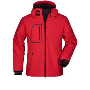 A red men's winter softshell jacket with a zippered pocket, featuring a hood and contrasting black details.