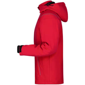 A red men's winter softshell jacket with a hood, featuring a logo and adjustable cuffs.