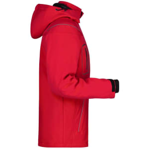 A red men's winter softshell jacket featuring a hood, with a sleek design and contrasting detailing.