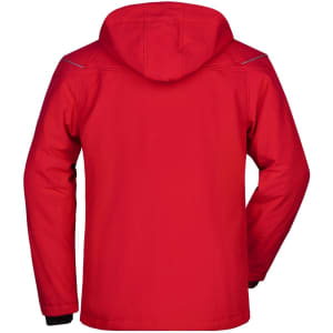 A red men's winter softshell jacket featuring a hood and a logo on the back.