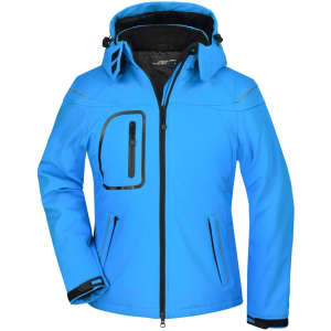 A blue ladies' softshell jacket featuring a hood, zippered pockets, and a sleek design. It has a logo on it.
