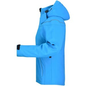 A ladies softshell jacket in vibrant blue with a hood, featuring a side view and adjustable cuffs.
