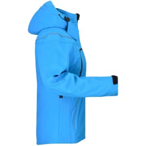 A ladies' winter softshell jacket in bright blue, featuring a hood and side pockets. Includes a logo on the sleeve.