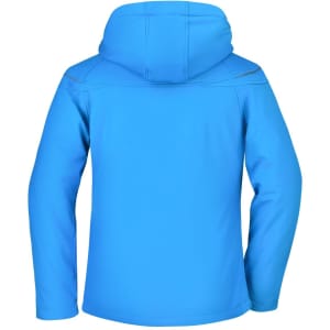 A softshell jacket in bright blue, featuring a hood and long sleeves. It has a logo on the back.