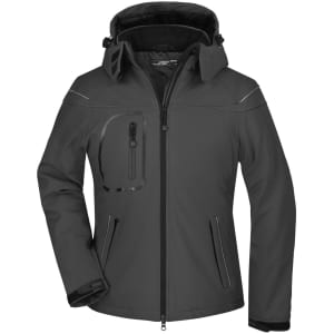 A ladies' winter softshell jacket in black, featuring a hood and multiple zippered pockets, with a subtle logo.