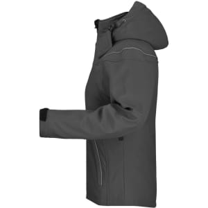 A grey Ladies Winter Softshell Jacket with a hood and a logo, displayed from the side.