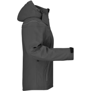 A grey ladies winter softshell jacket with a hood, featuring a side view and a logo on the sleeve.