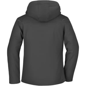 A grey ladies winter softshell jacket with a hood, featuring a back view design and a simple logo.