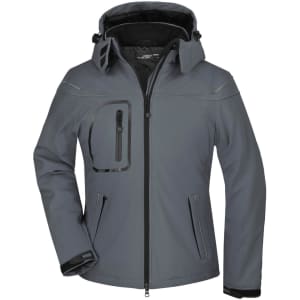 A grey ladies winter softshell jacket featuring a hood and multiple pockets, with a sleek design and a logo.