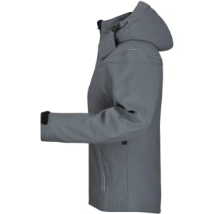 A grey ladies winter softshell jacket with a hood, featuring zippered pockets and a logo on the sleeve.