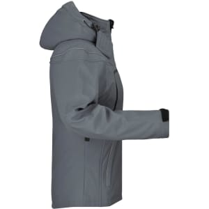 A grey ladies' softshell jacket with a hood, featuring side pockets and a logo on the sleeve.