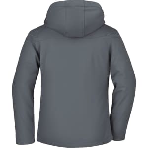 A grey ladies winter softshell jacket featuring a hood and a sleek, minimalist design. The jacket has a logo.