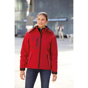 A red ladies winter softshell jacket with a hood, featuring front pockets and a zip closure. The jacket has a branded logo.