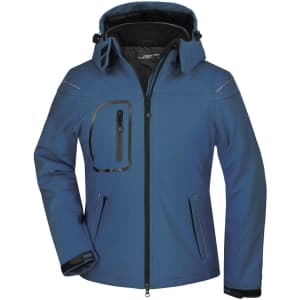 A blue ladies' winter softshell jacket featuring a hood, zippered pockets, and a logo on the chest.