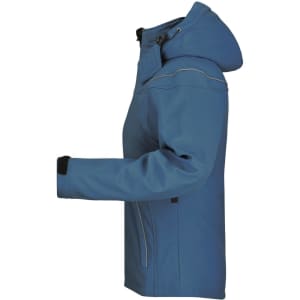 A blue ladies winter softshell jacket with a hood, featuring a sleek design and a logo on the side.