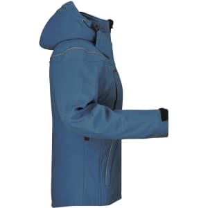 A softshell jacket in blue with a hood, featuring a zip closure and a logo on the sleeve.