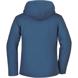 A blue ladies winter softshell jacket featuring a hood and a logo on the back.