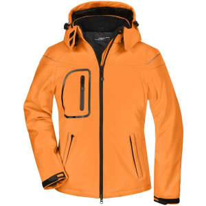 An orange ladies' winter softshell jacket with a hood and zippered pockets, featuring black accents and a logo.