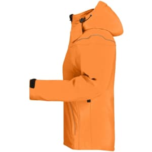 An orange Ladies Winter Softshell Jacket with a hood, featuring a side view and adjustable elements.