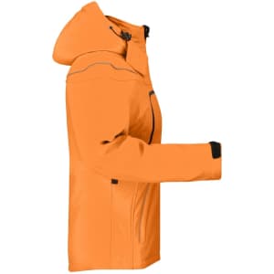 An orange softshell jacket with a hood and zippers, featuring a logo on the front.