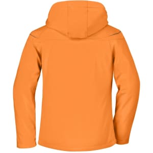 An orange ladies winter softshell jacket featuring a hood and a logo on the back.