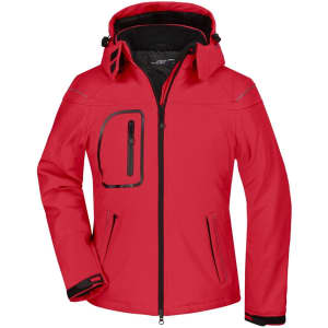 A red softshell jacket with a front zip and hood, featuring a chest pocket and black accents.