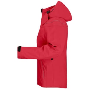 A bright red ladies winter softshell jacket with a hood and side zipper pockets, featuring a logo.