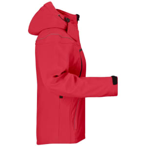 A ladies softshell jacket in bright red with a hood and black accents, featuring a logo.