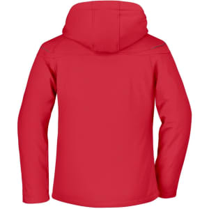 A red ladies softshell jacket featuring a hood and branding on the back.