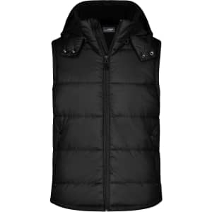 A black padded vest with a hood, featuring a zip closure and two side pockets. It has a branding logo on it.
