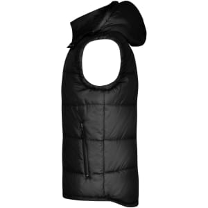 A black padded vest with a hood, featuring a zippered pocket and a quilted design.