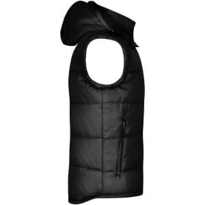 A padded vest in black with a hood and a side zipper pocket, featuring a logo.