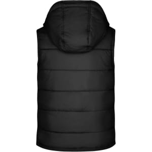 A black padded vest with a hood, featuring horizontal quilted panels and a simple design.