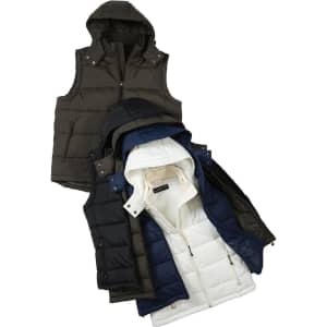Men's padded vests in olive green, navy, and white, layered and displayed with hoods and a logo.