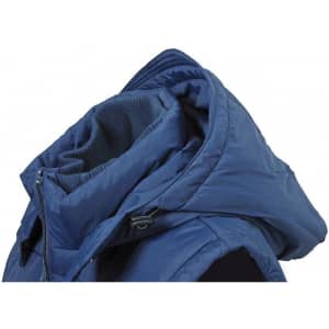 A navy blue padded vest with a high collar and hood, showcasing its soft interior lining and zippers.