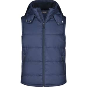 A navy padded vest with a hood, featuring a front zip and side pockets. Includes a logo on the chest area.