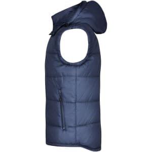 A navy mens padded vest featuring a hood and a zippered pocket on the side. Includes a logo on the fabric.