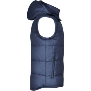 A navy padded vest with a hood, featuring arm holes and a zipped pocket on the side.